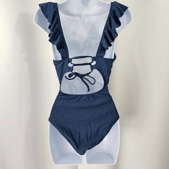 Cupshe Women's Blue Ruffled V Neck Lace Up Back One Piece Swimsuit Size M NWT - Picture 7 of 13